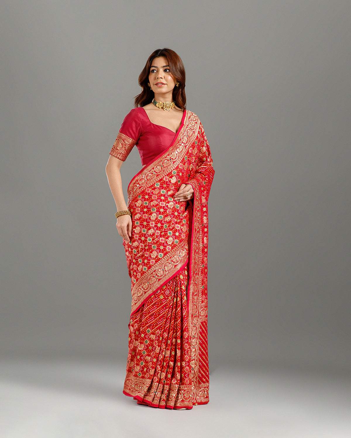 Luxury Rani Bandhej Saree with Sequence & Cutdana Work for Women - House of Surya