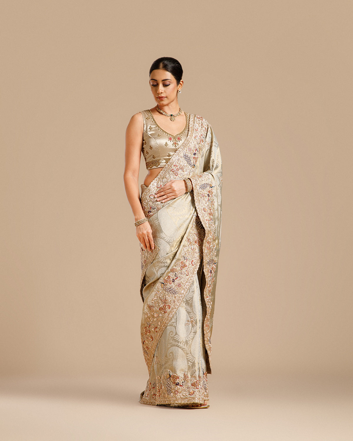 Green Tissue Silk Saree with Resham, Dabka, Nulki & Sequin Work