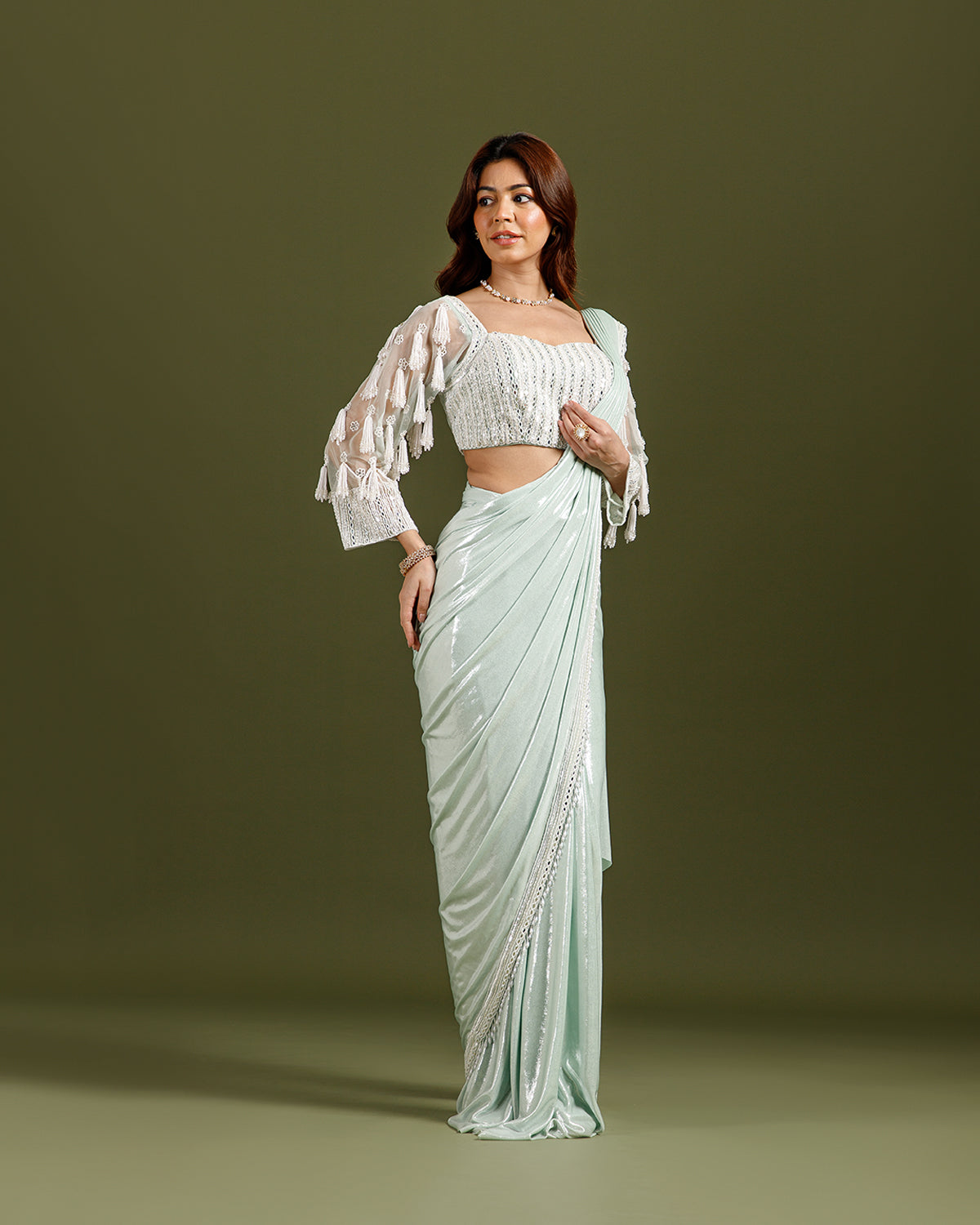 Pista Lycra Drape Saree with Hand Work