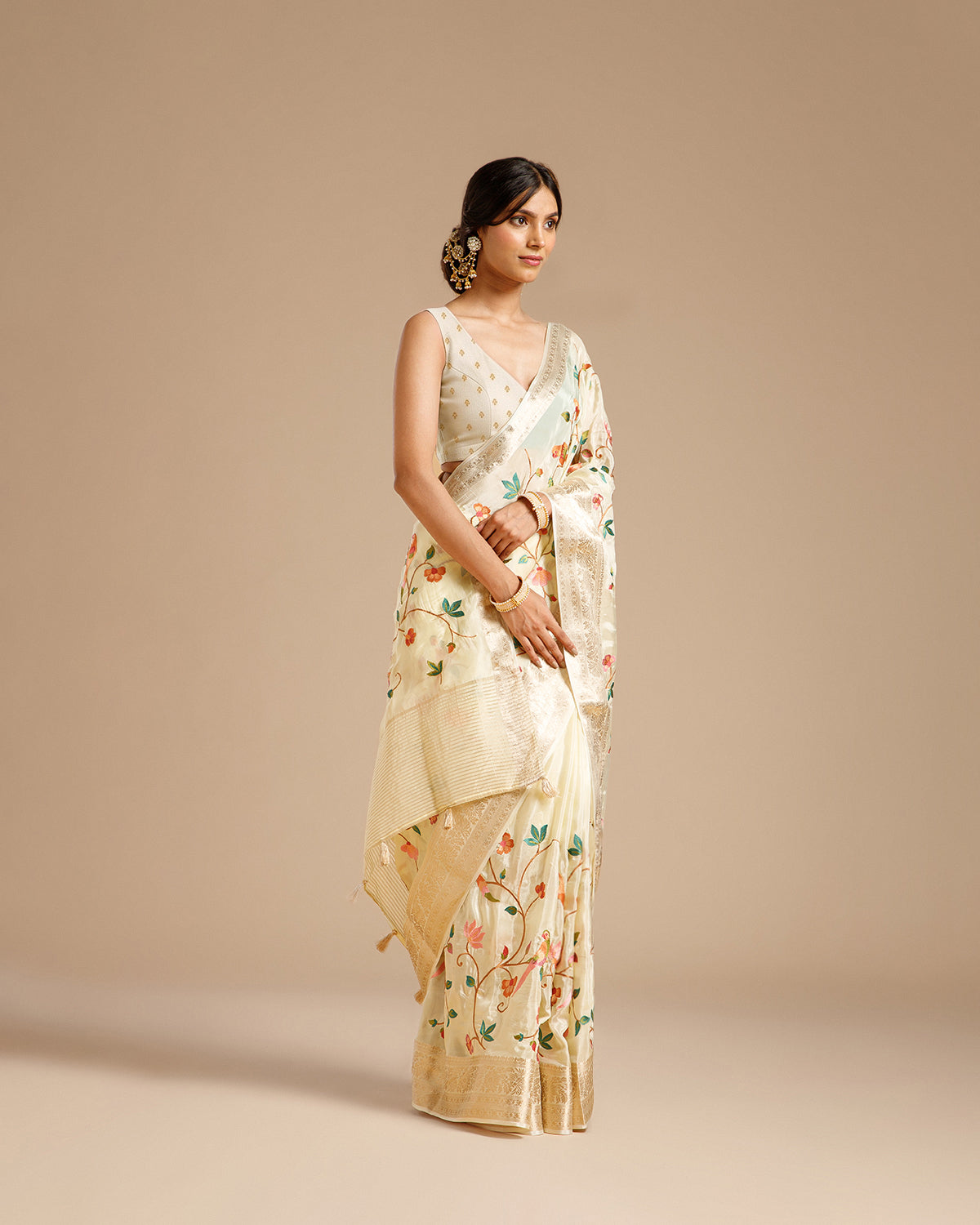 Ivory Crape Silk Saree with Resham Work