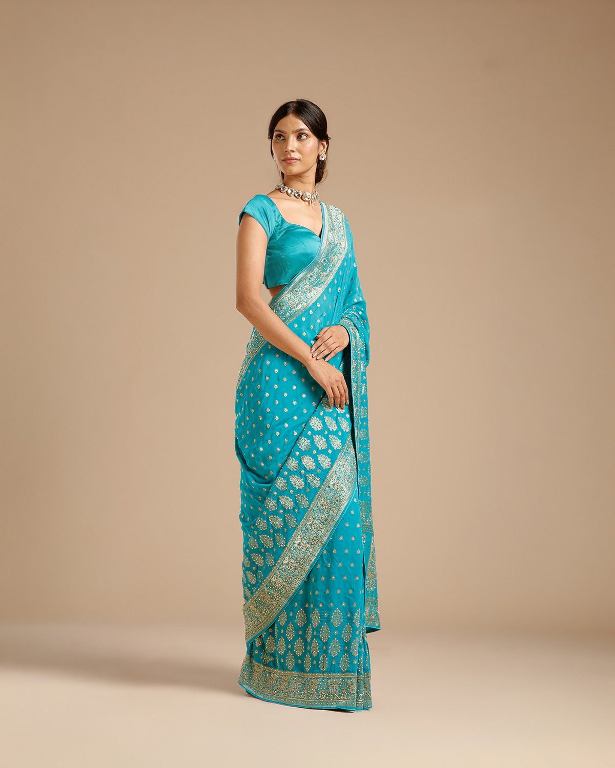 Firozi Georgette Saree with Dabka, Nulki & Mirror Work