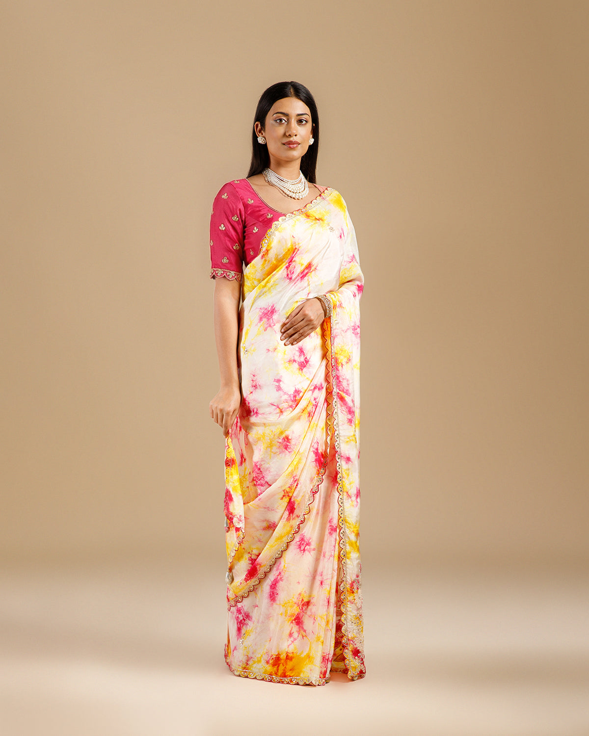 Pink Tie & Dye Silk Saree with Patra, Sequence & Bead Work - House of Surya