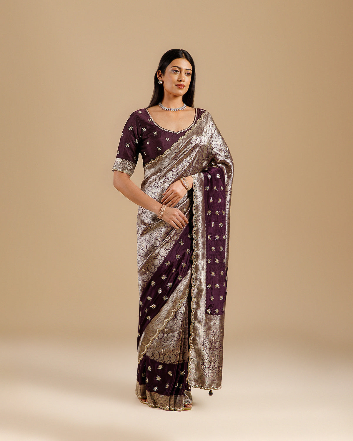 Purple Crepe Silk Saree with Mirror & Cutdana Work