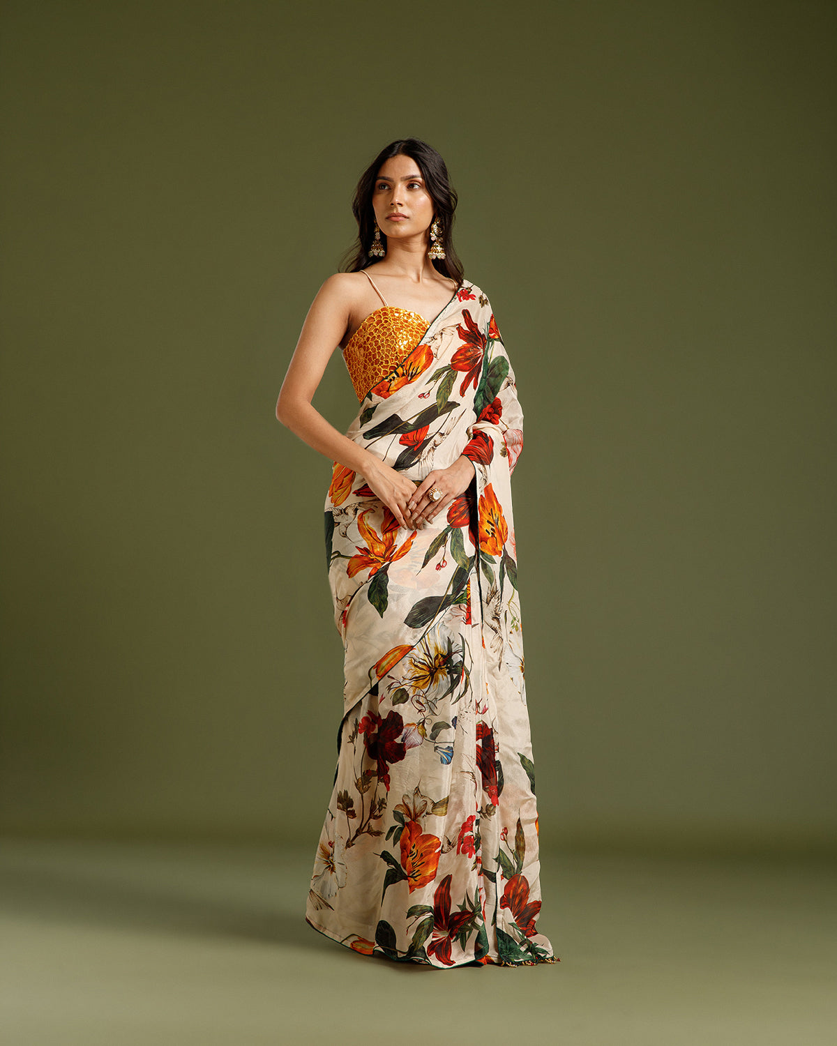 Ivory Multi Chinon Crepe Saree with Beads & Moti Work