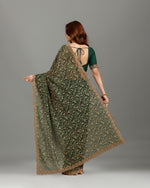 Bottle Green Georgette Saree ,Kashmiri Work Georgette Sarees  - House of Surya