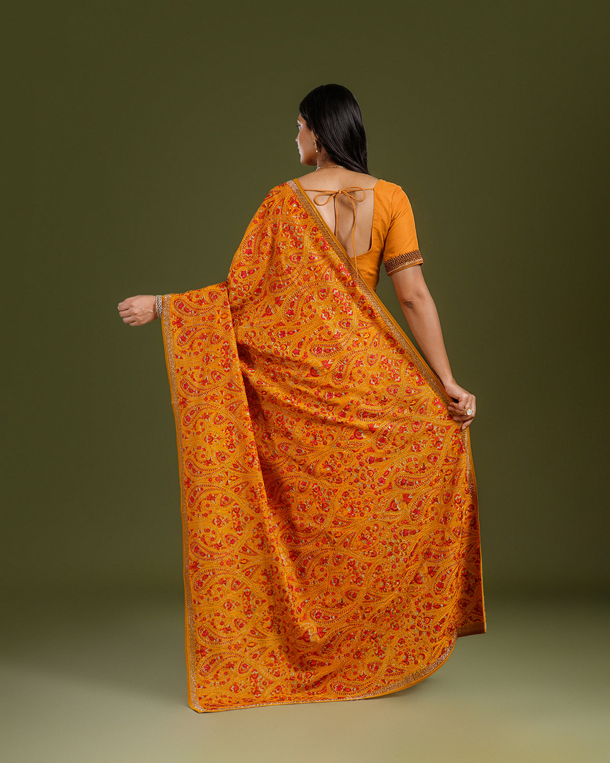 Yellow Georgette Saree with Kashmiri & Cutdana Work - House of Surya