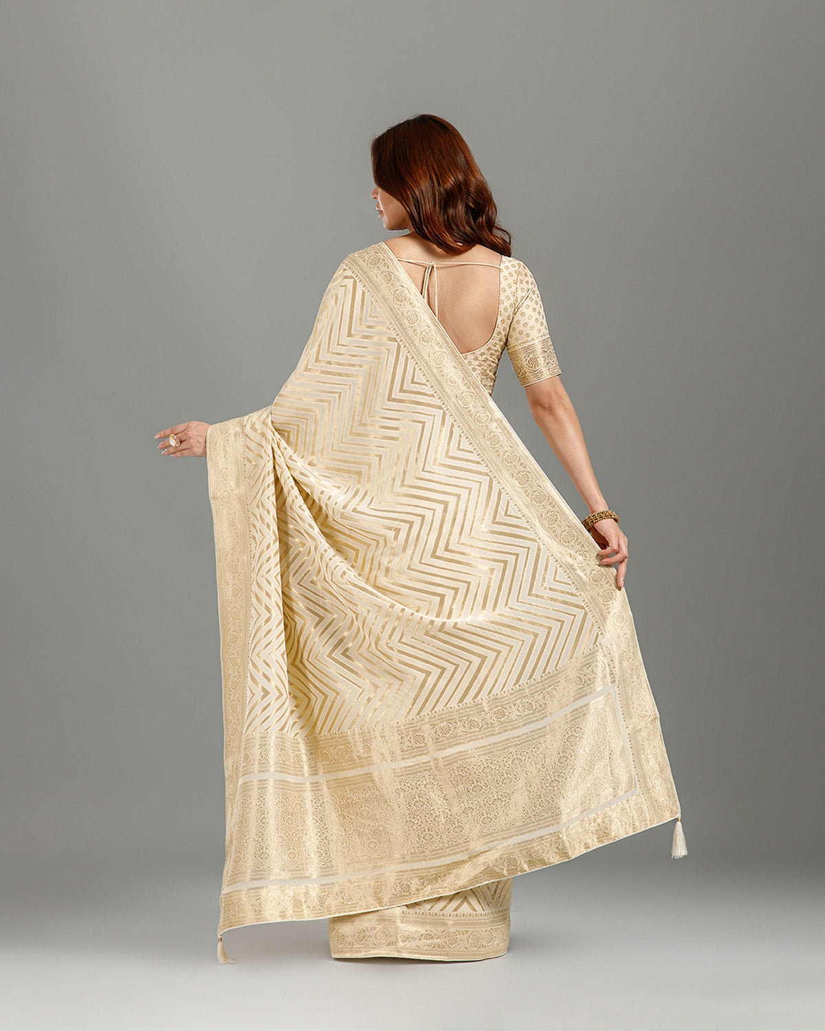 Off White Khaddi Georgette Saree with Zari Weave - House of Surya