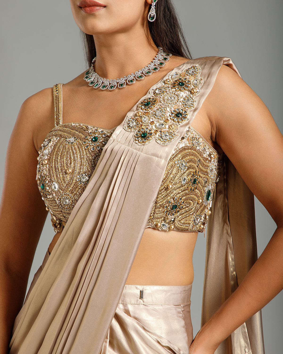 Golden Lycra Saree with Cutdana Work