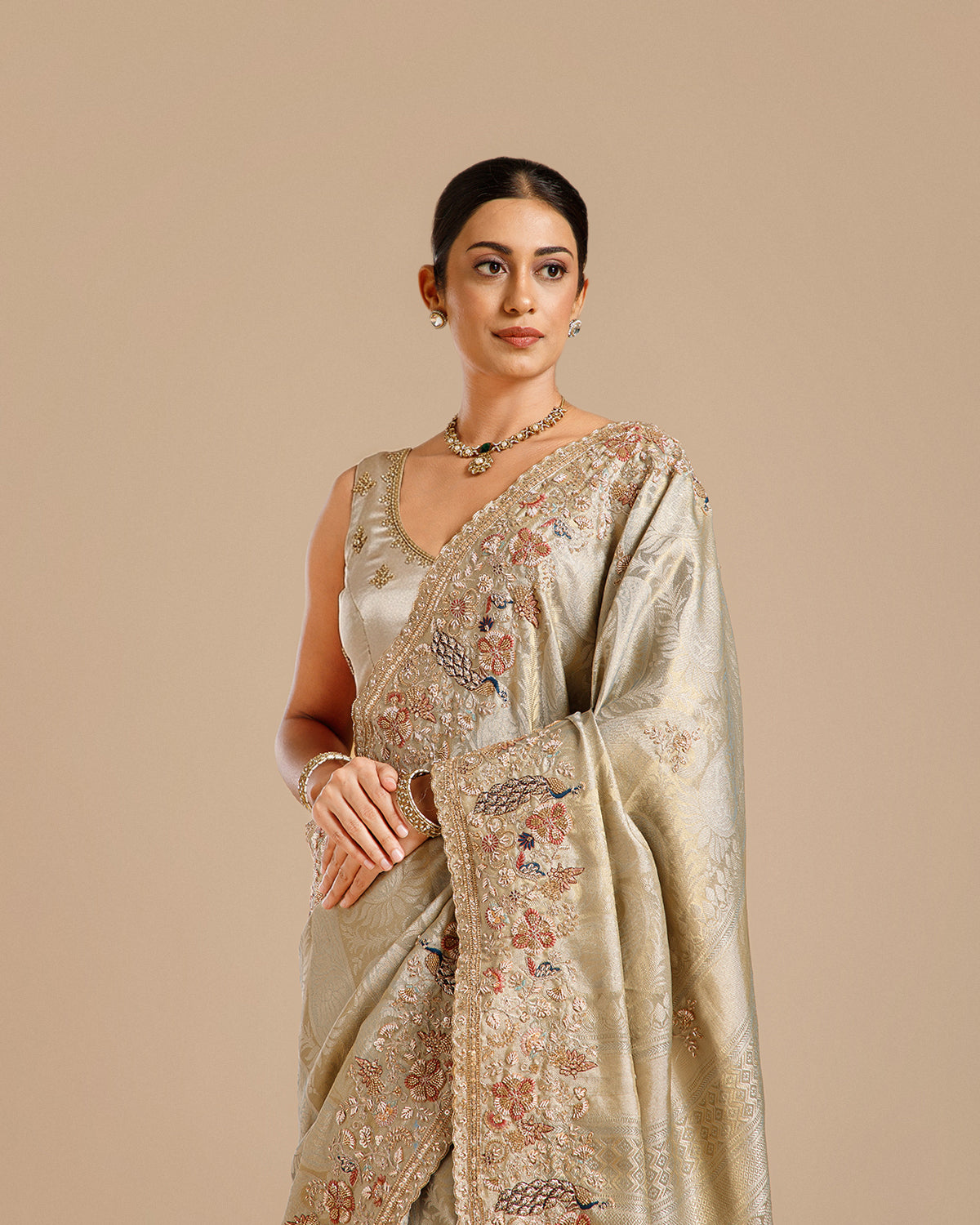 Green Tissue Silk Saree with Resham, Dabka, Nulki & Sequin Work