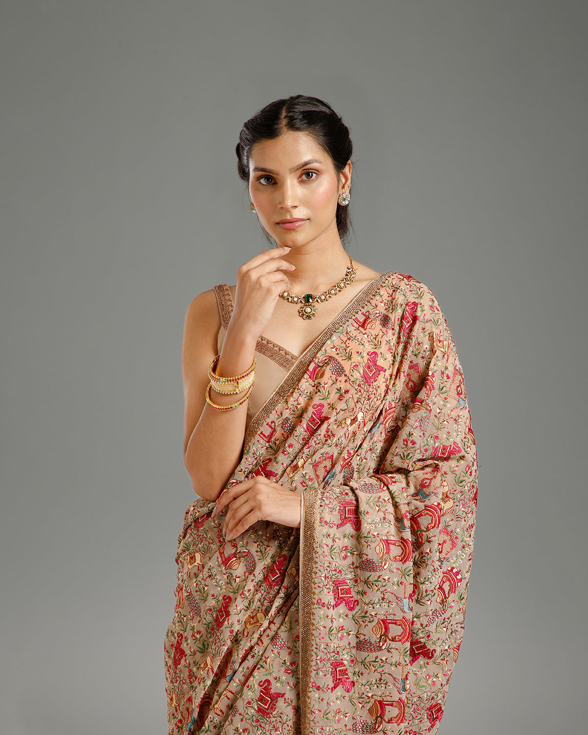 Beige Georgette Saree with Resham & Stone Work