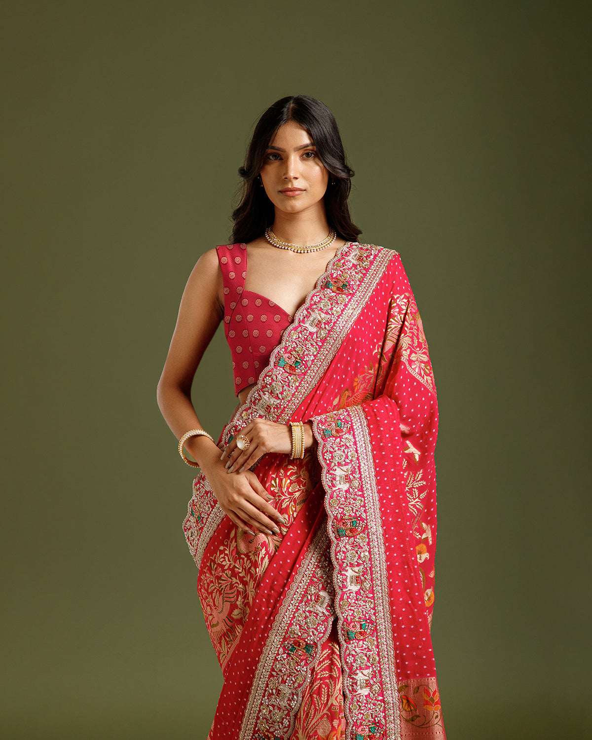 Rani Georgette Saree with Dori, Nulki, Resham, Moti & Meenakari Work