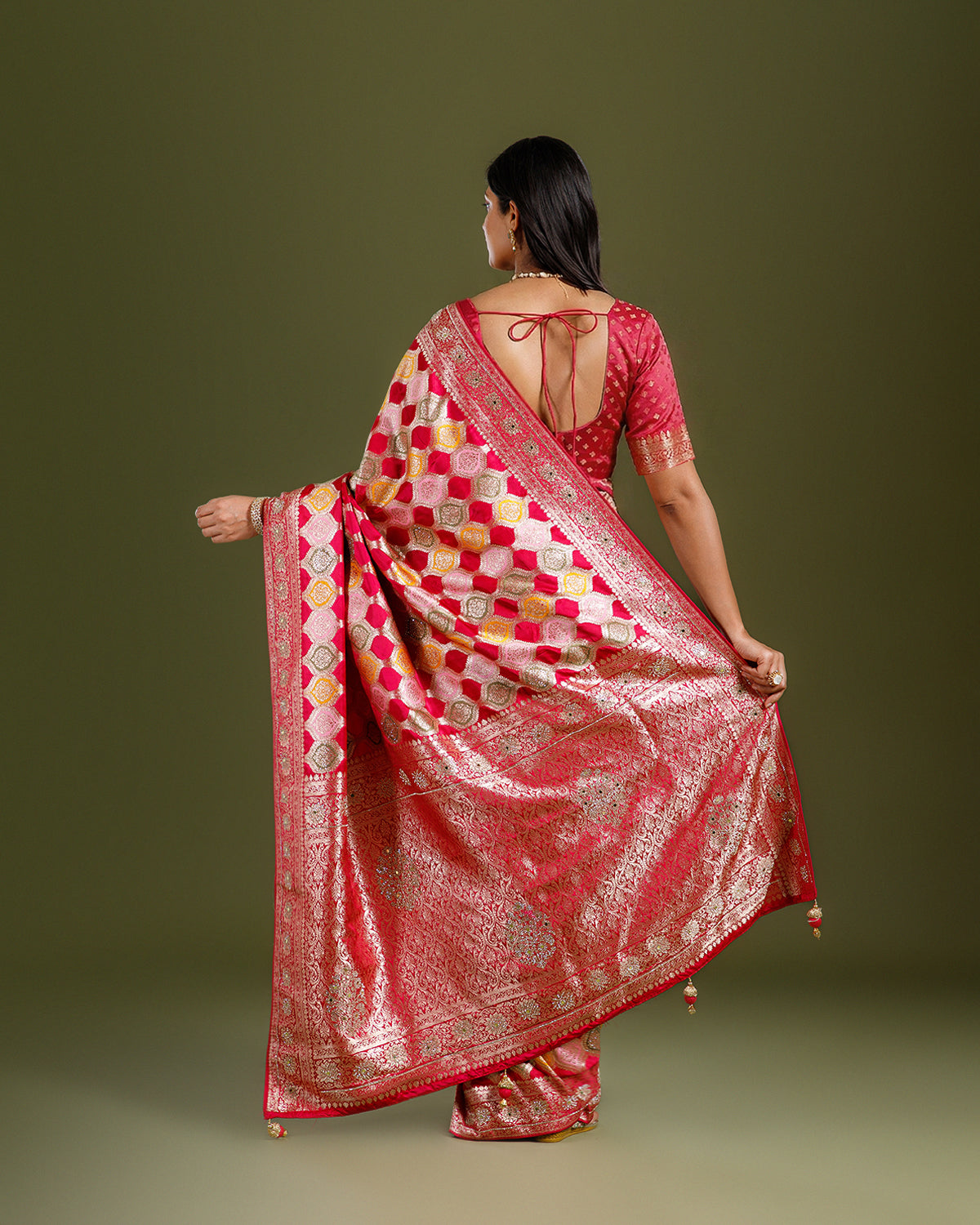 Rani Pink Dola Silk Saree with Resham Weave for Women - House of Surya