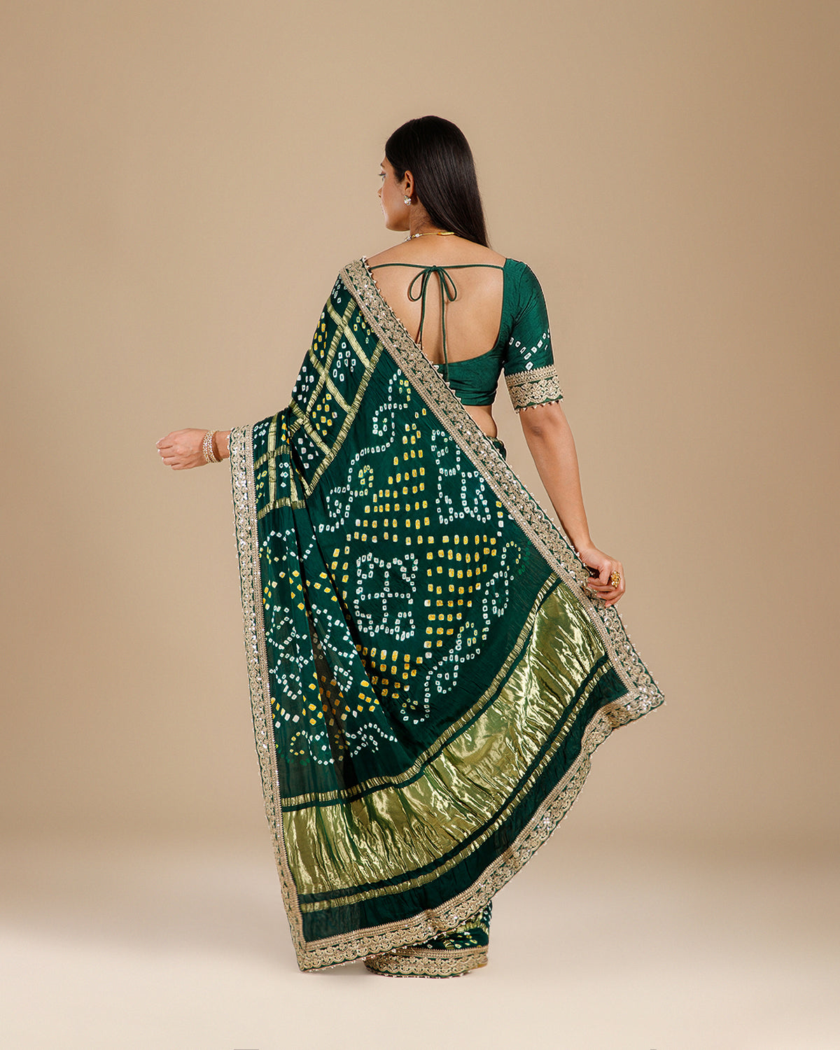 Green Satin Gajji Silk Gharchola Saree with Sequence Work - House of Surya