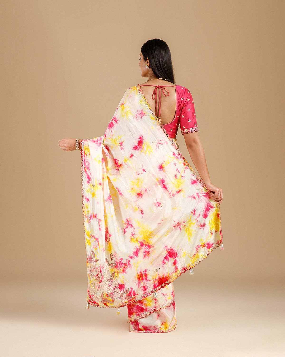 Pink Tie & Dye Silk Saree with Patra, Sequence & Bead Work - House of Surya
