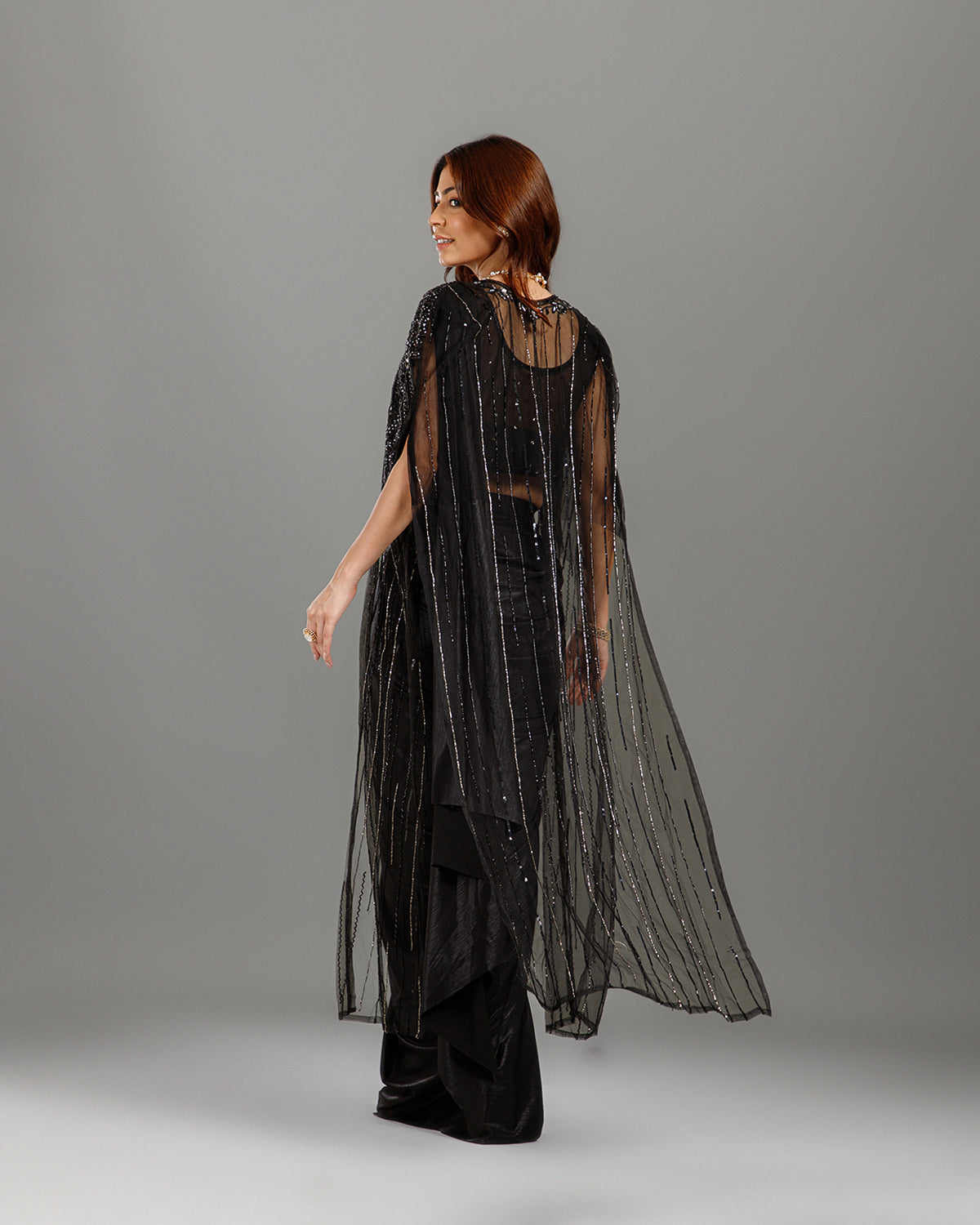 Black Lycra Drape Saree with Hand Work - House of Surya