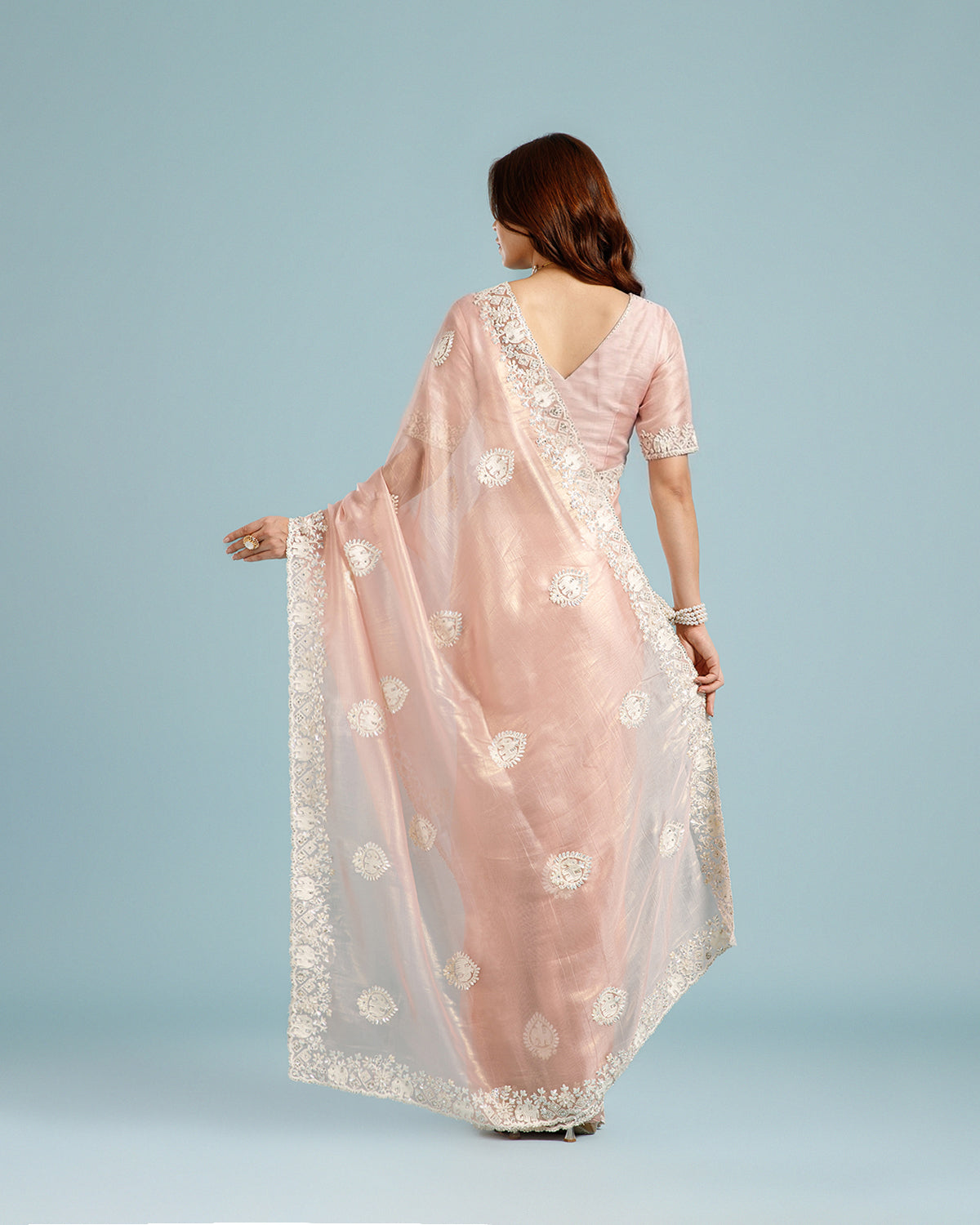 Light Pink Crush Tissue Saree with Resham, Sequence & Bead Work - House of Surya