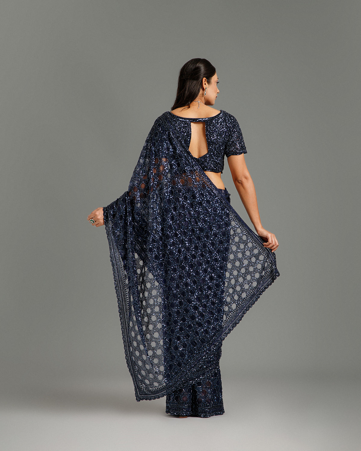 Navy Blue Net Saree with Beads, Nulki & Sequin Work