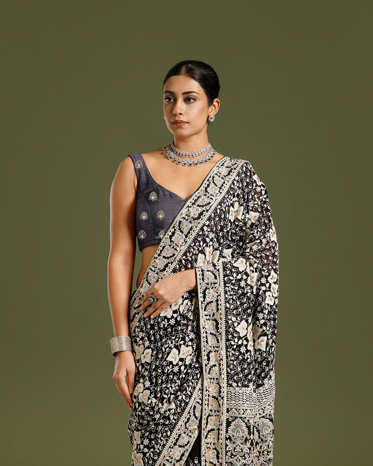 Black Georgette Saree with Sequin, Dabka, Cutdana & Resham Work