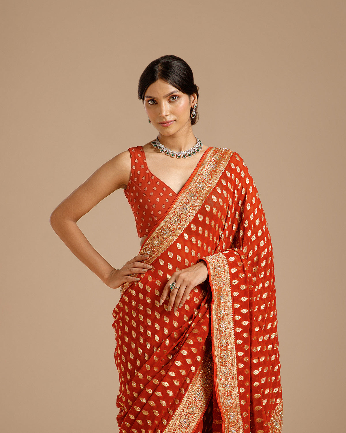 Rust Georgette Saree with Dabka, Nulki, Mirror & Kundan Work