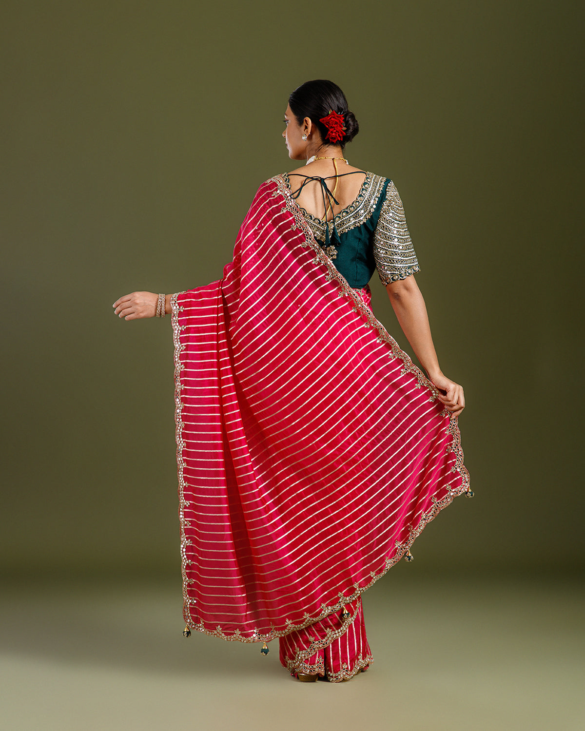 Rani Pink Organza Silk Saree with Mirror & Cutdana Work - House of Surya