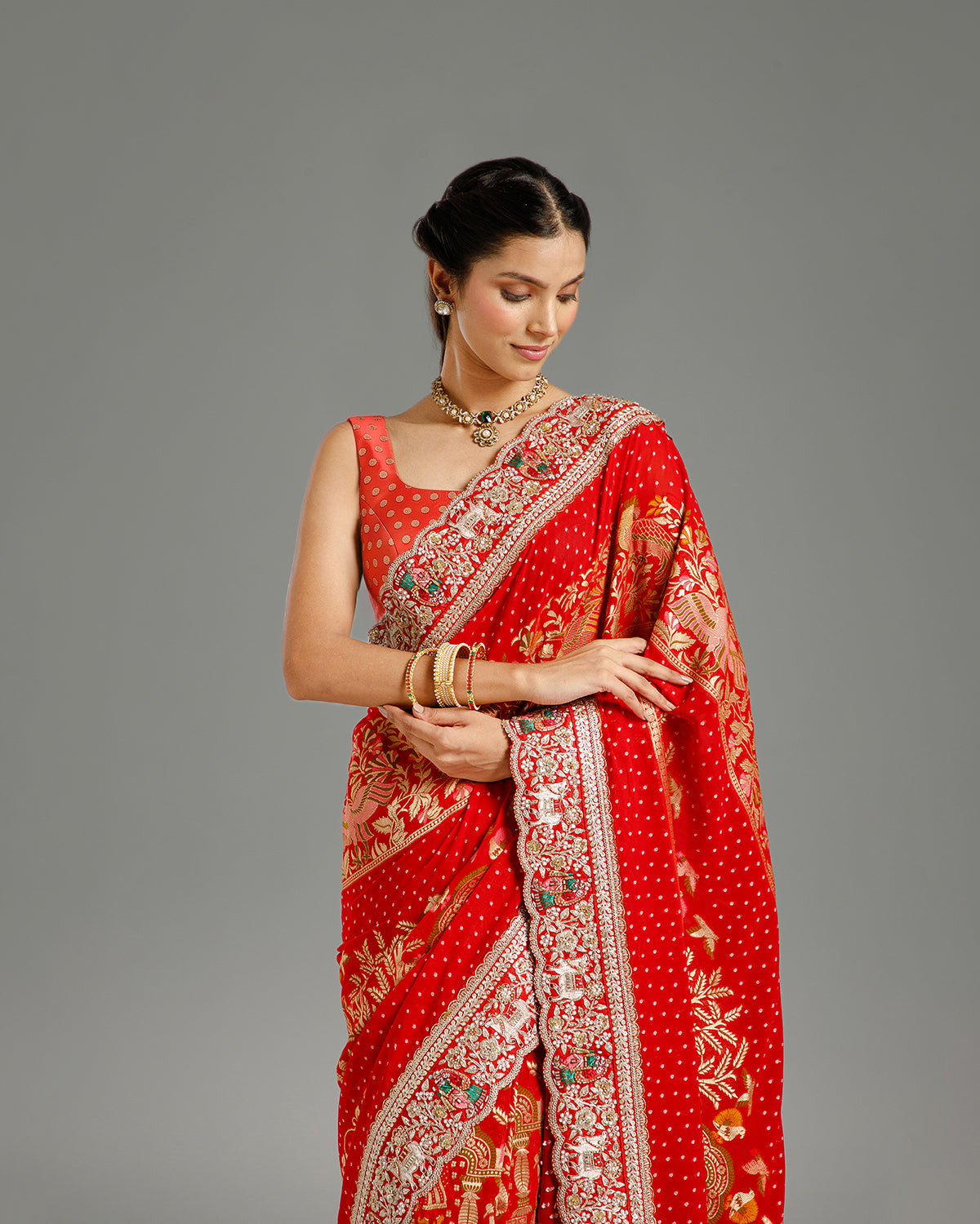 Red Georgette Saree with Dori, Nulki, Resham, Moti & Meenakari Work