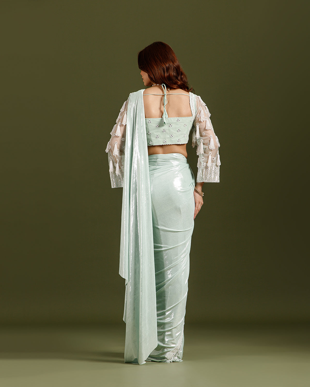 Pista Lycra Drape Saree with Hand Work