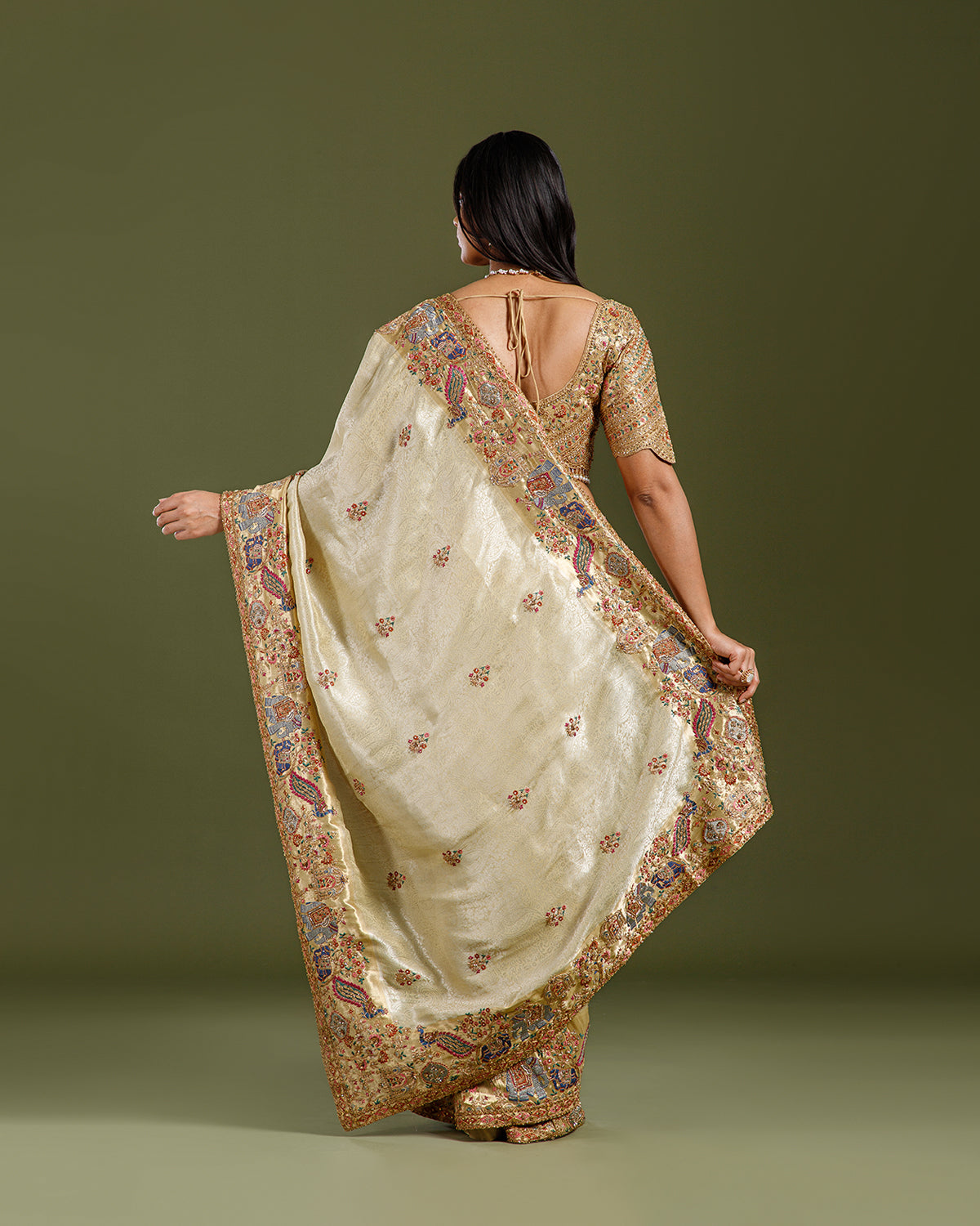 Golden Tissue Weave Saree with Resham, Zardozi, Cutdana & Embroidery Work - House of Surya