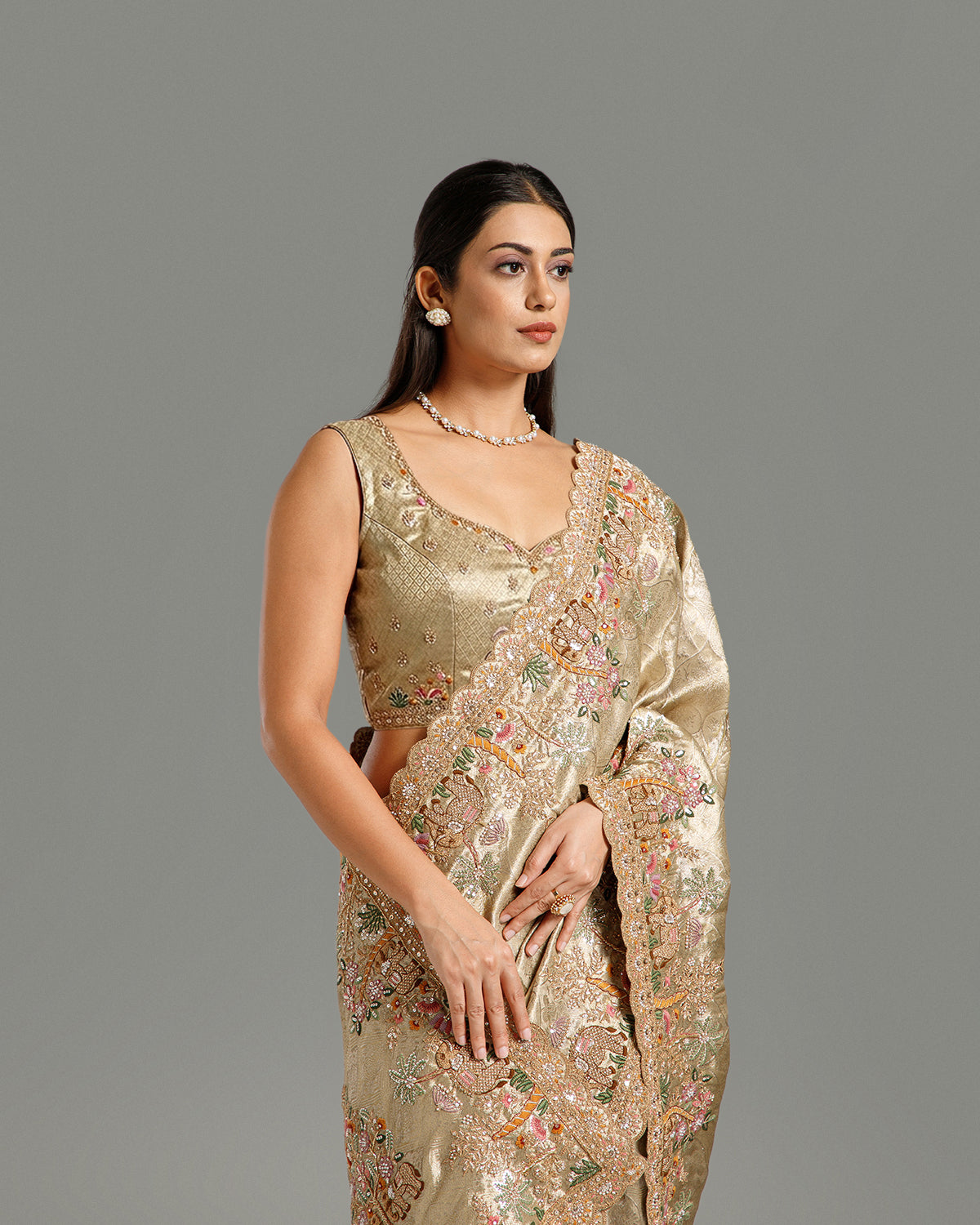 Green Tissue Silk Saree with Resham, Cutdana, Sequin & Zari Work