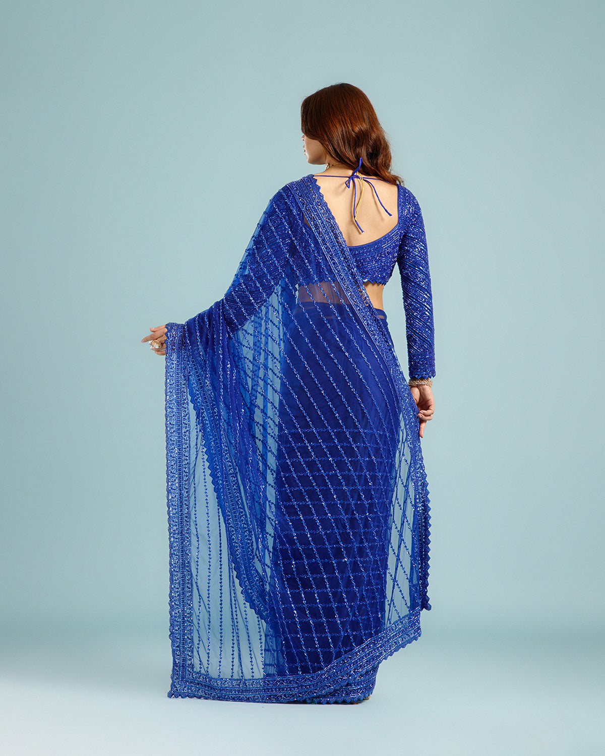 Designer Blue Net Saree with Sequence, Bead & Cutdana (Nulki) Work
