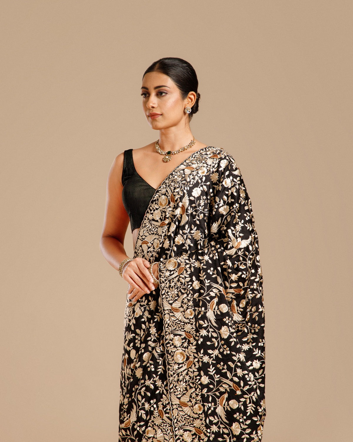 Black Organza Silk Saree with Parsi Resham Work