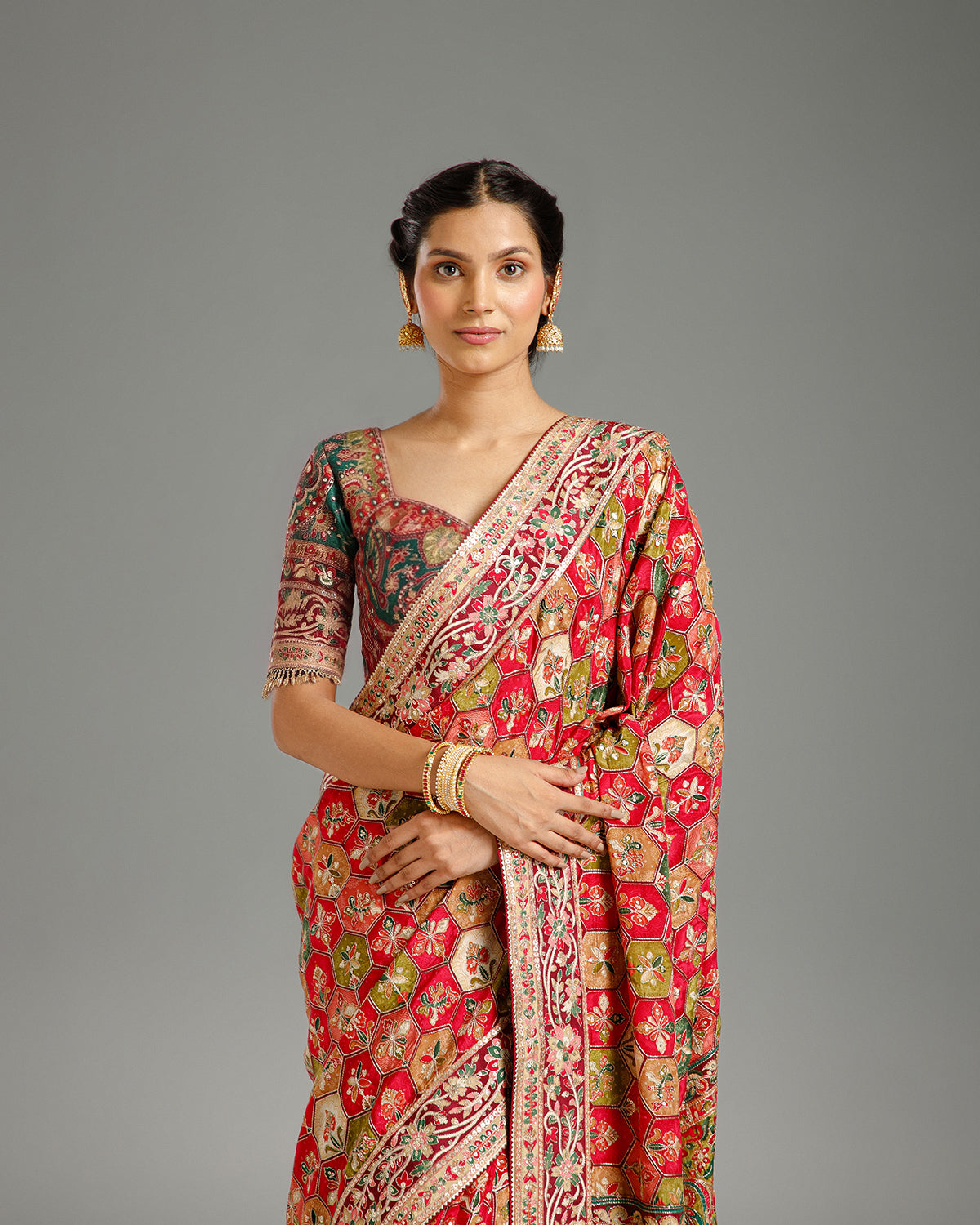 Multi Green Crape Silk Saree with Zari & Sequin Work