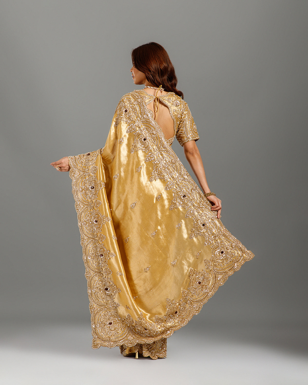 Golden Tissue Georgette Saree with Cutdana & Sequence Work - House of Surya