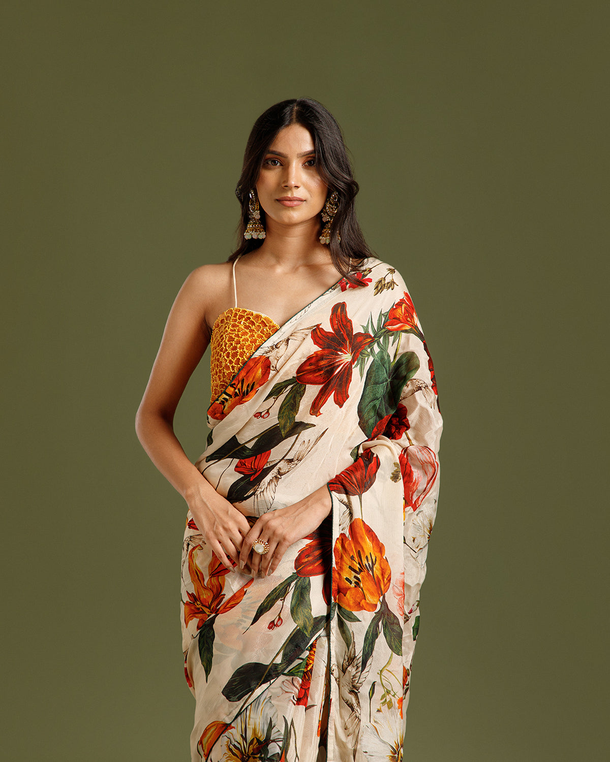 Ivory Multi Chinon Crepe Saree with Beads & Moti Work