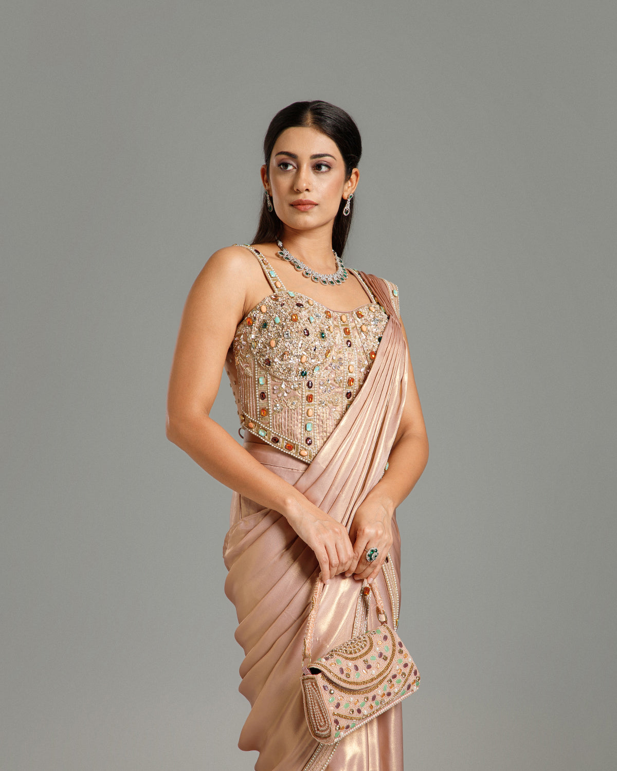 Peach Lycra Saree with Stone Work