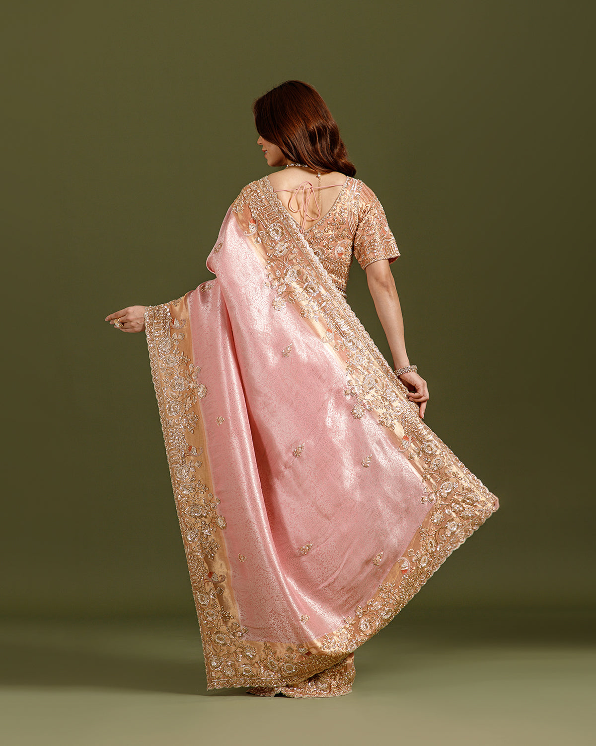 Pink Tissue Self Weaving Saree with Sequins & Cutdana Embroidery - House of Surya