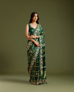 Bottle Green Satin Crepe Saree with Zari & Sequin Work - House of Surya
