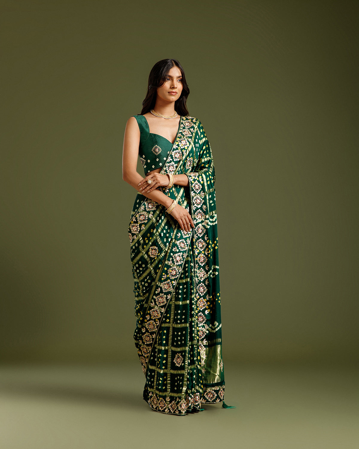 Bottle Green Satin Crepe Saree with Zari & Sequin Work - House of Surya