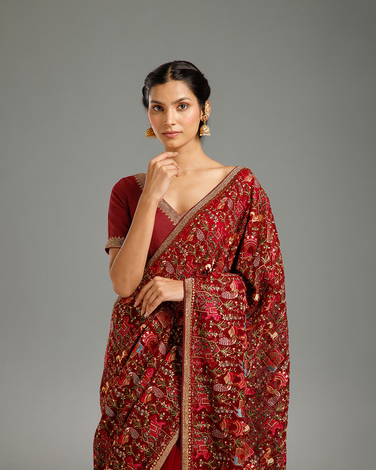 Wine Georgette Saree with Resham & Stone Work