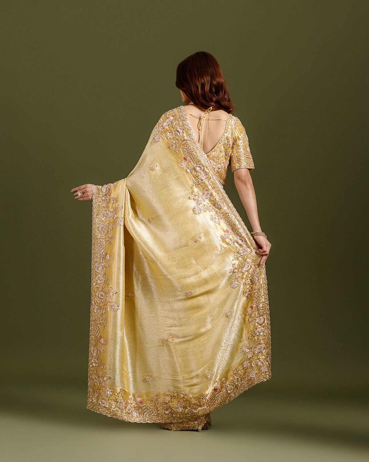 Ivory (Golden) Tissue Saree with Self Weave, Beads, Sequence & Cutdana Work