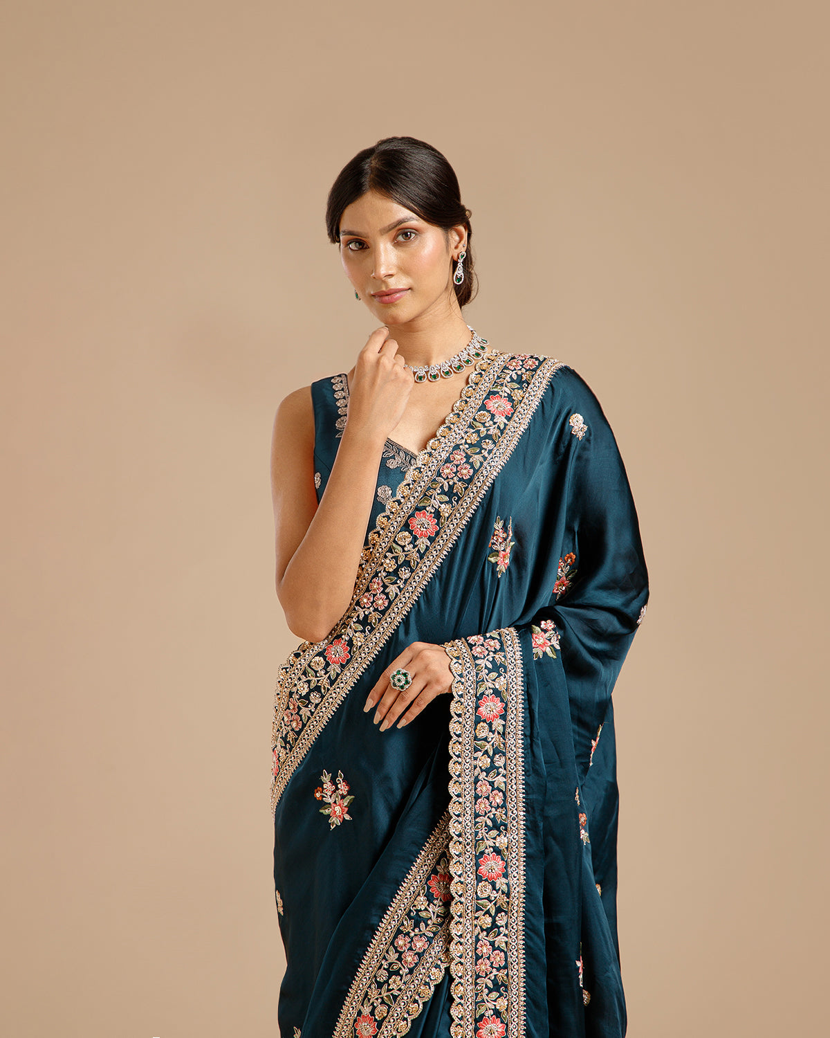 Peacock Blue Satin Organza Saree with Dabka, Sequin, Resham & Zari Work