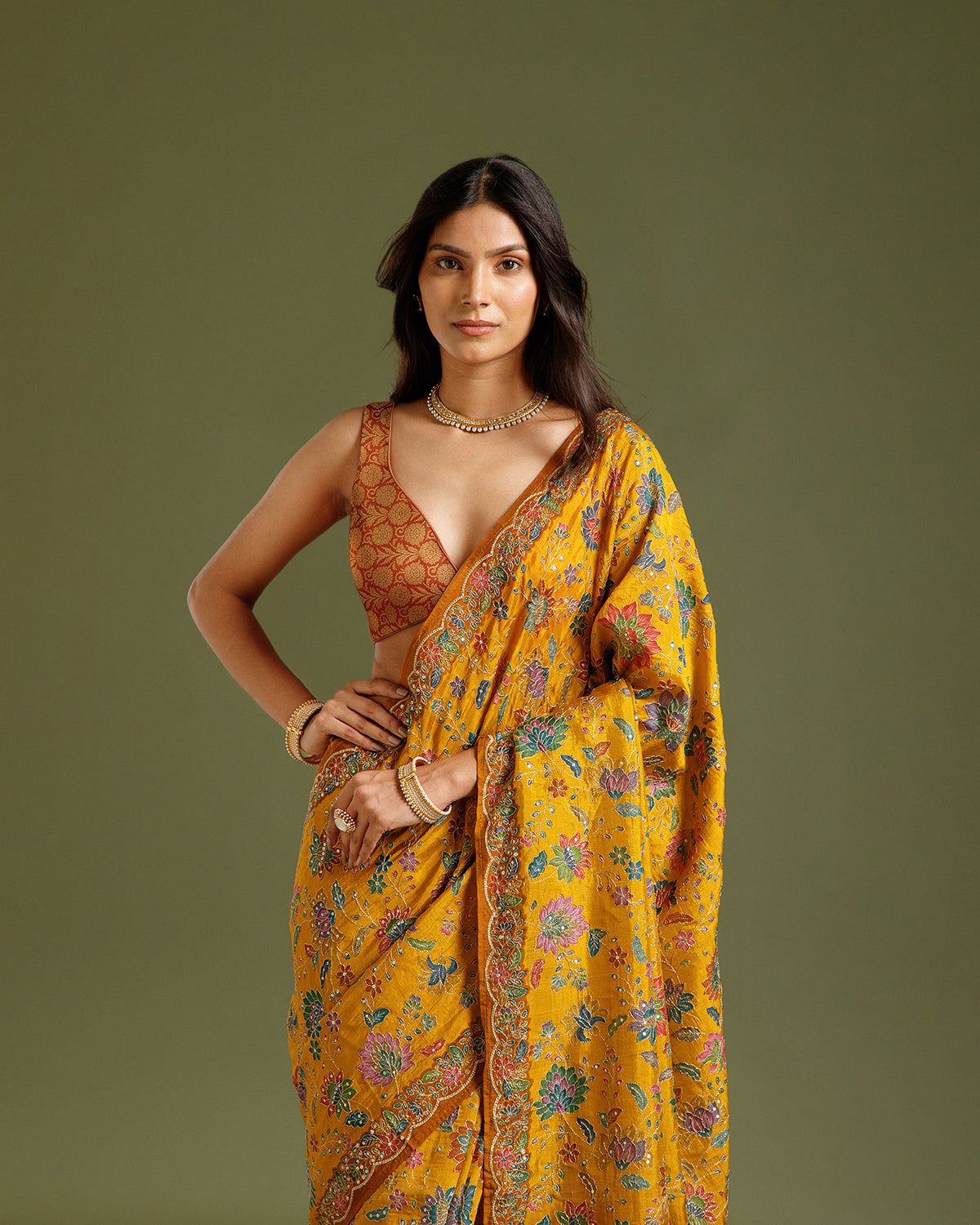 Mustard Maheshwari Silk Saree with Zari & Sequin Work