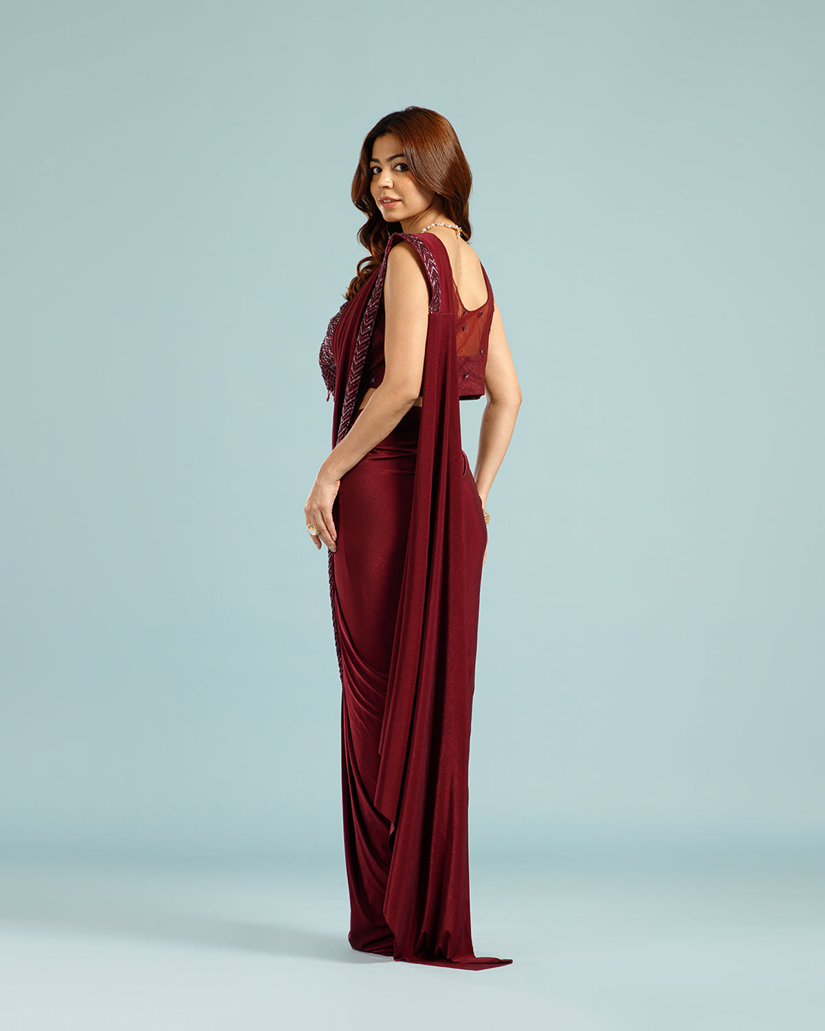 Maroon Lycra Drape Saree with Hand Work - House of Surya
