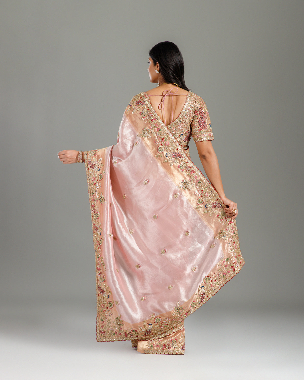 Pink Tissue Saree with Self Weave, Sequence, Resham & Cutdana Work - House of Surya