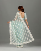 Pista Net Saree with Resham, Sequence & Bead Work - House of Surya