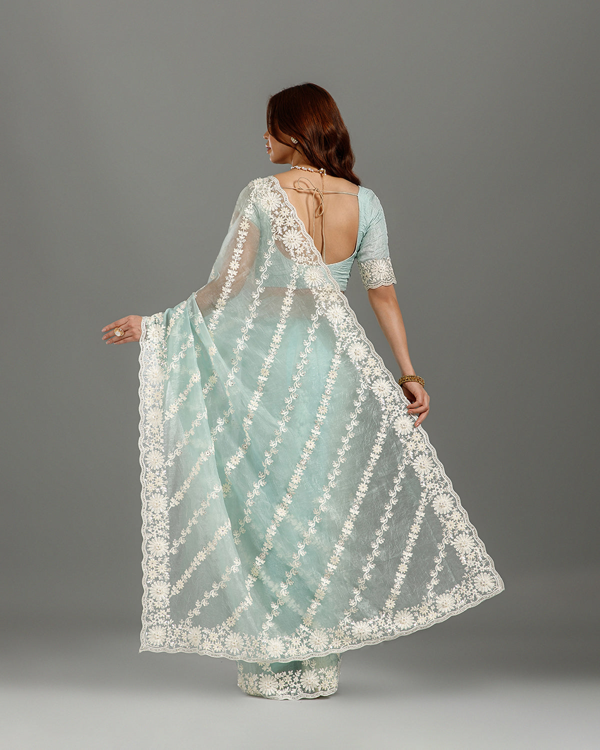 Pista Net Saree with Resham, Sequence & Bead Work - House of Surya