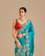 Firozi Dola Silk Saree with Nulki, Pearl, Sequin & Dabka Work