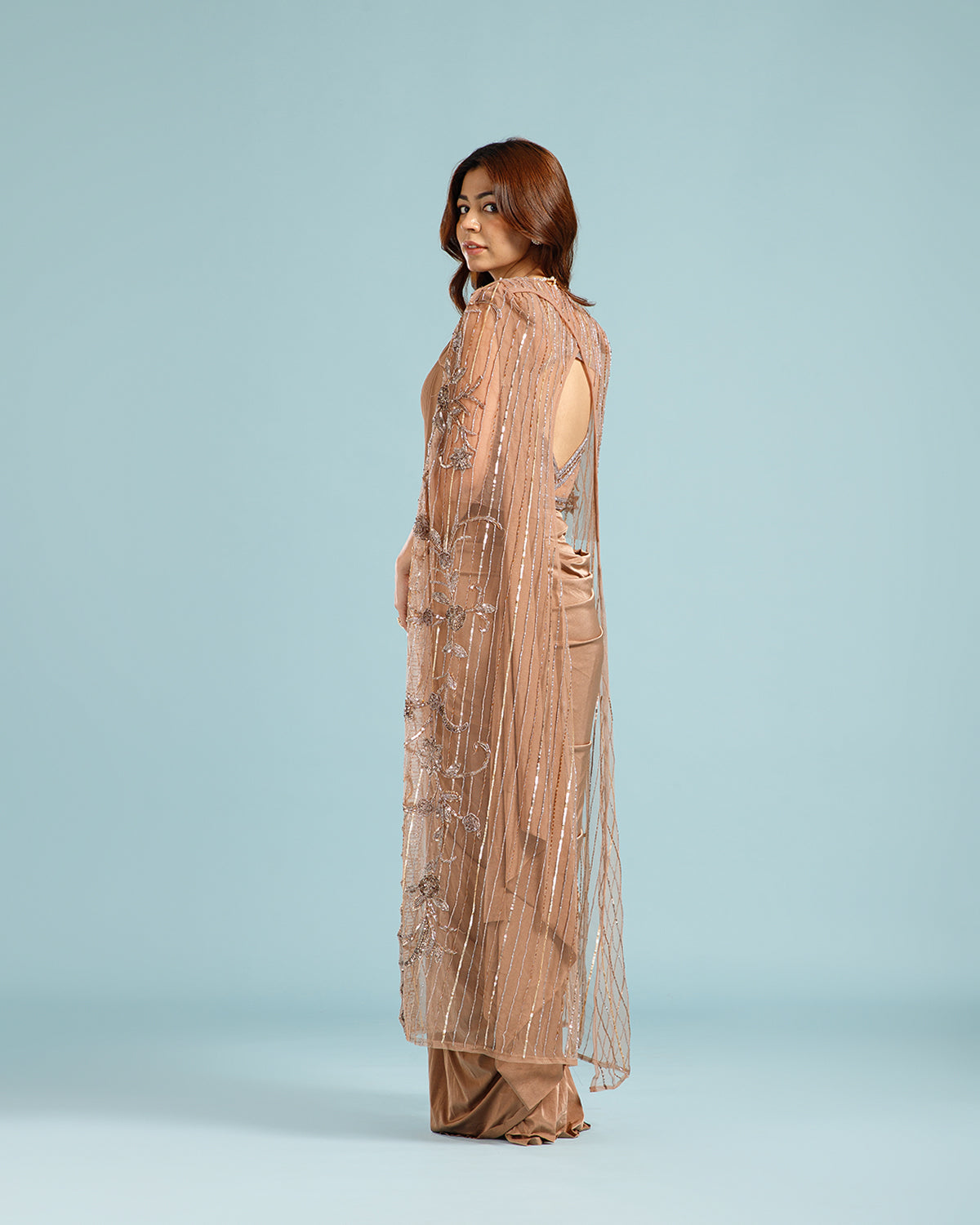 Chikoo Lycra Drape Saree with Hand Work - House of Surya