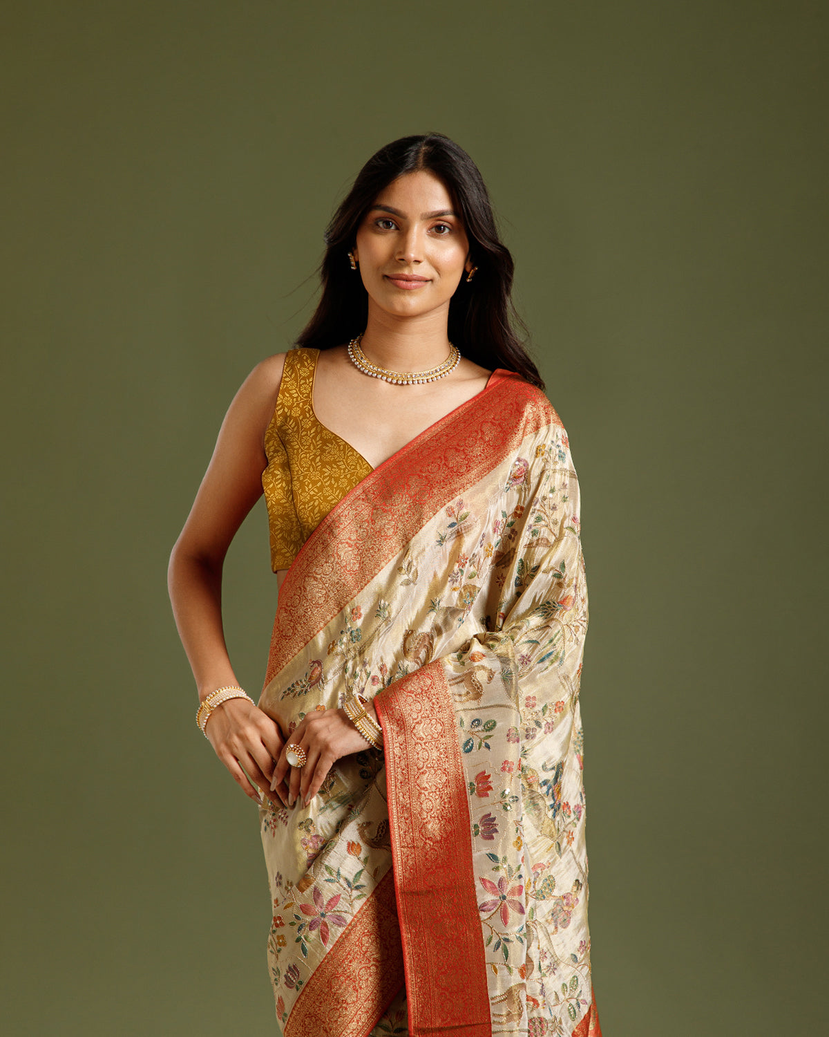 Beige Gold Tissue Silk Saree with Zari, Sequin & Zari Weaving