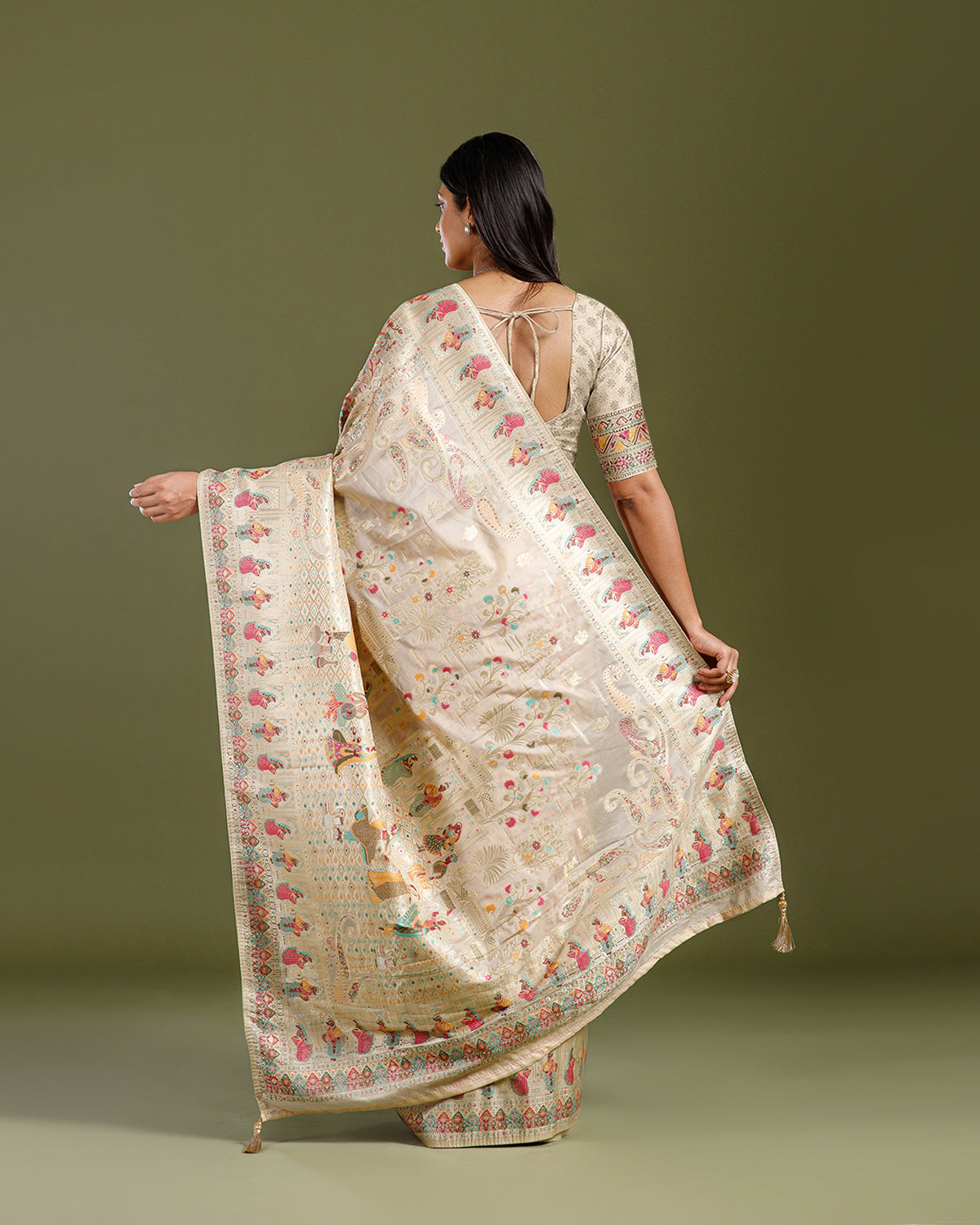 Cream Crepe Silk Saree with Multicolor Woven Design