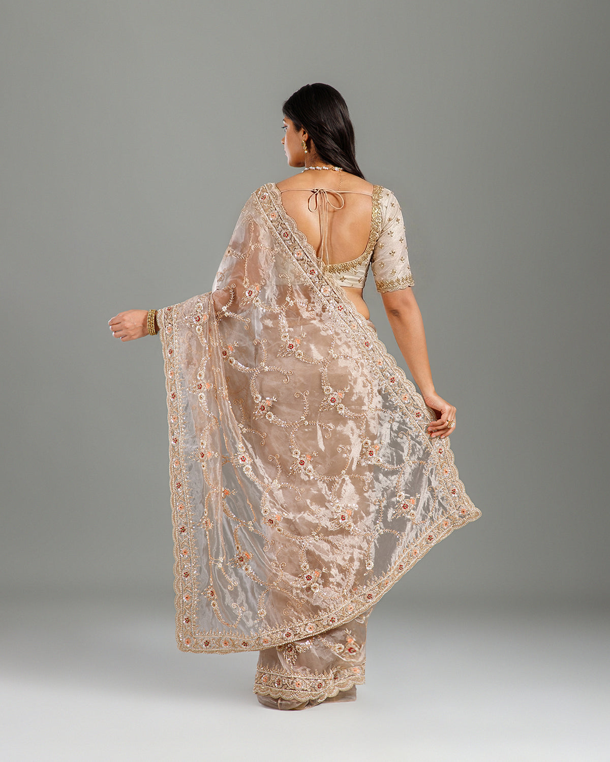 Golden Tissue Organza Saree with Cutdana & Sequence Work - House of Surya